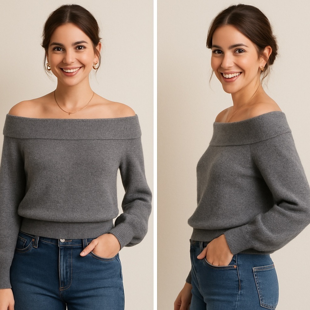 H&M Gray Off Shoulder Fold Over Neck Sweater Wool Alpaca Blend Size S